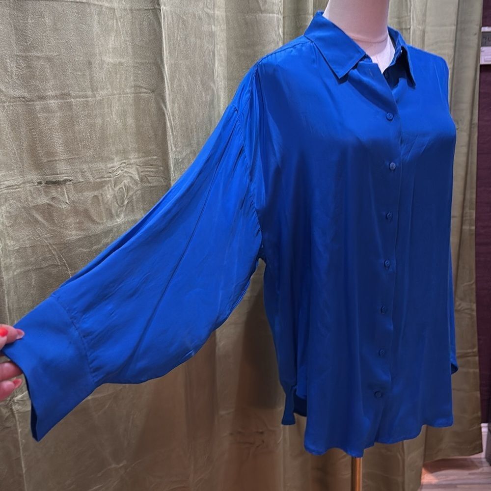 Gold Hawk 100% silk royal Blue  balloon sleeveWomen's Button-Up Top, S
